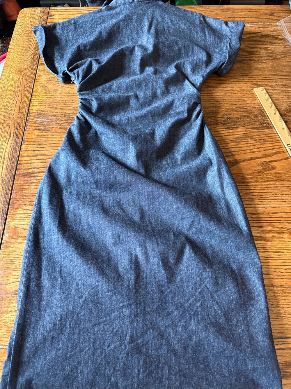 Zara Denim Maxi Dress Ruched Cinched Waist Snap Front Dolman Sleeve - Picture 10 of 11